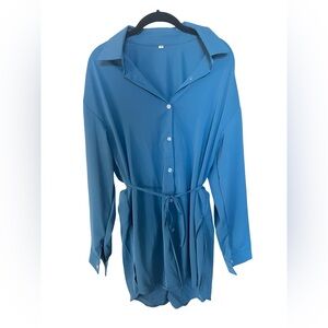 Blue Button Down Romper Dress with Built-in Shorts - M